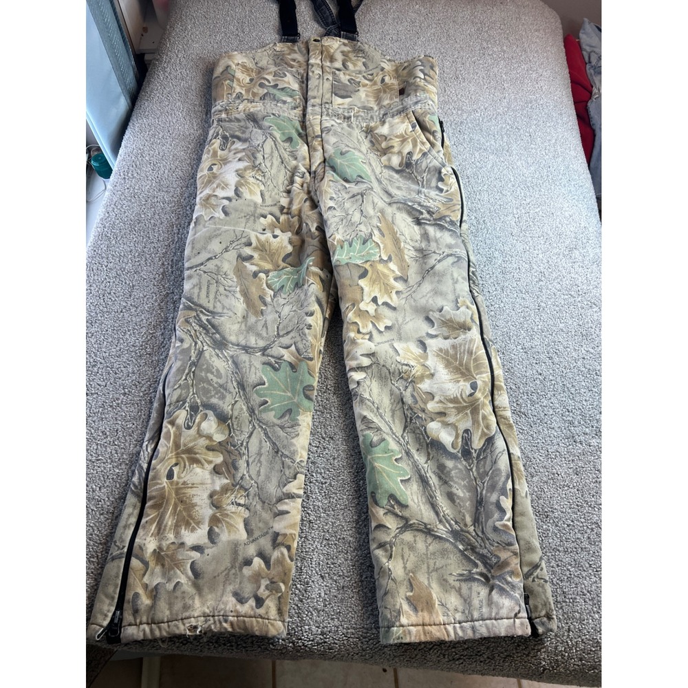 vtg walls Camo Insulated Bib Overalls mens large Hunting Fishing sticks leafs